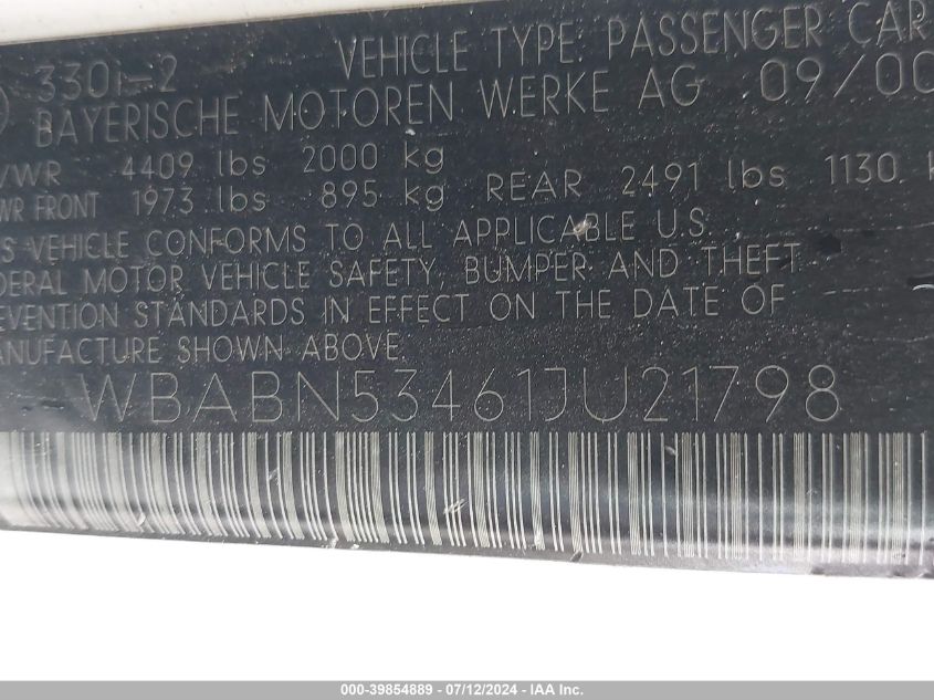 2001 BMW 330Ci VIN: WBABN53461JU21798 Lot: 39854889