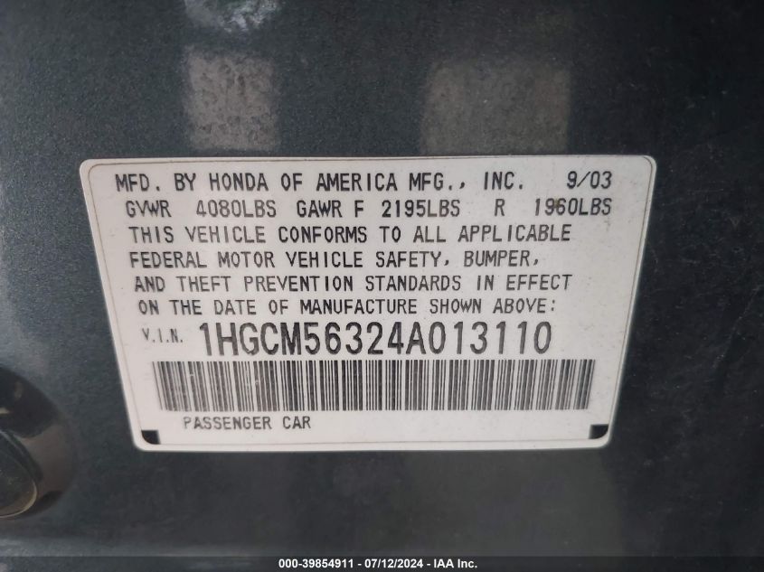 2004 Honda Accord 2.4 Lx VIN: 1HGCM56324A013110 Lot: 39854911