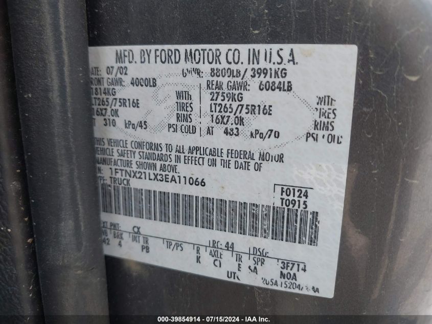 2003 Ford F-250 Lariat/Xl/Xlt VIN: 1FTNX21LX3EA11066 Lot: 39854914