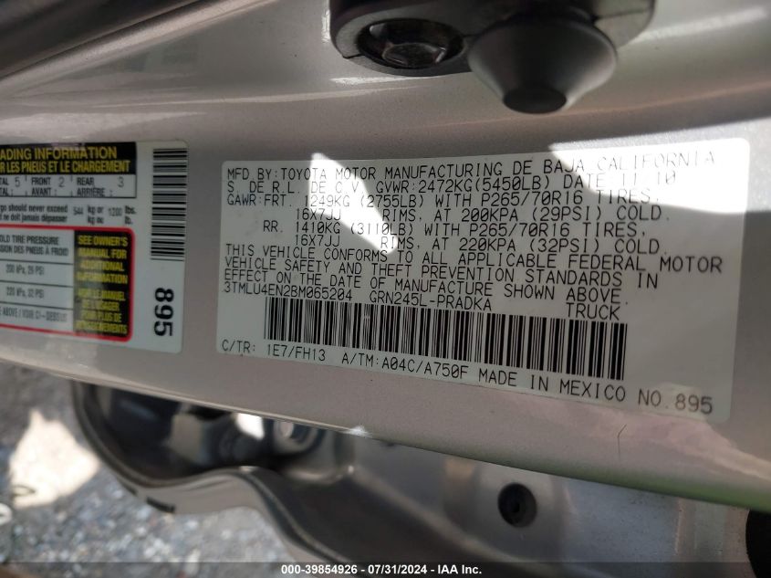 2011 Toyota Tacoma Base V6 VIN: 3TMLU4EN2BM065204 Lot: 39854926