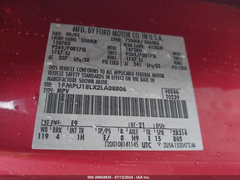 2002 Ford Expedition Eddie Bauer VIN: 1FMPU18LX2LA08806 Lot: 39854930