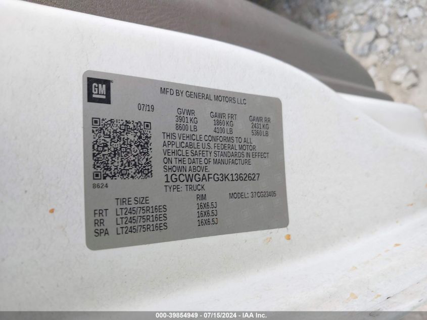 2019 Chevrolet Express 2500 Work Van VIN: 1GCWGAFG3K1362627 Lot: 39854949