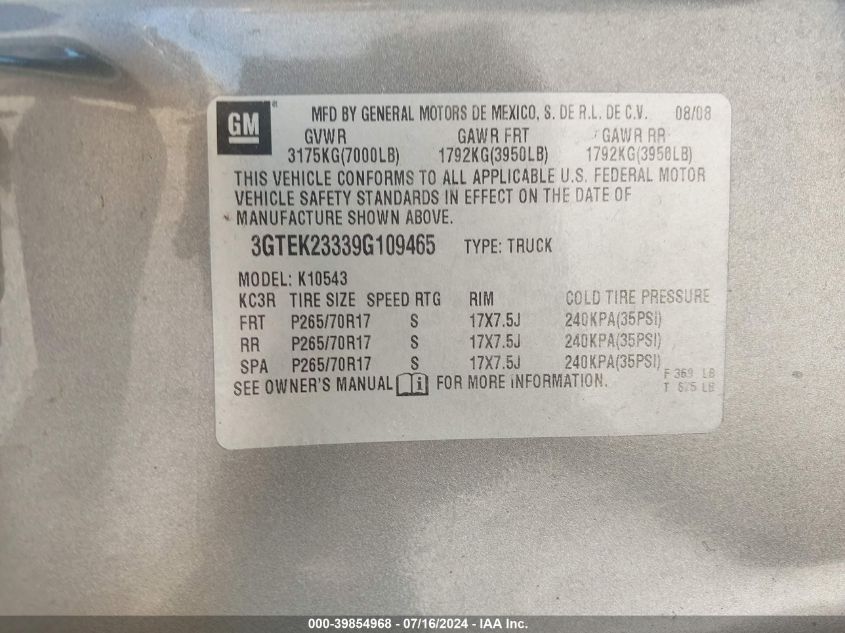 2009 GMC Sierra 1500 K1500 Sle VIN: 3GTEK23339G109465 Lot: 39854968