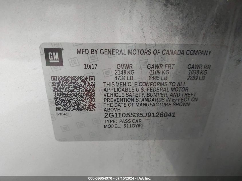 2018 Chevrolet Impala 1Lt VIN: 2G1105S35J9126041 Lot: 39854970