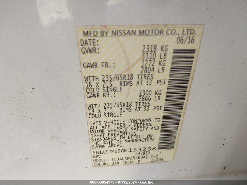 2016 Nissan Murano Sl VIN: 5N1AZ2MG9GN153238 Lot: 39854979