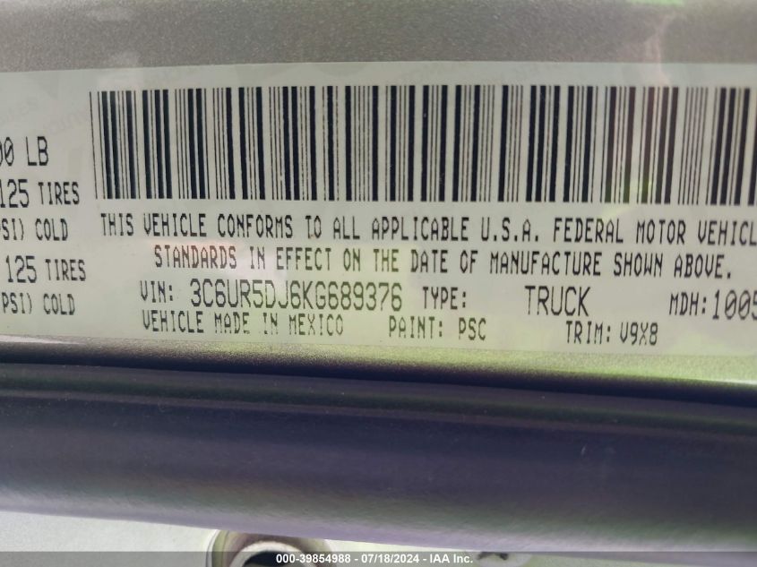 2019 Ram 2500 Big Horn 4X4 6'4 Box VIN: 3C6UR5DJ6KG689376 Lot: 39854988