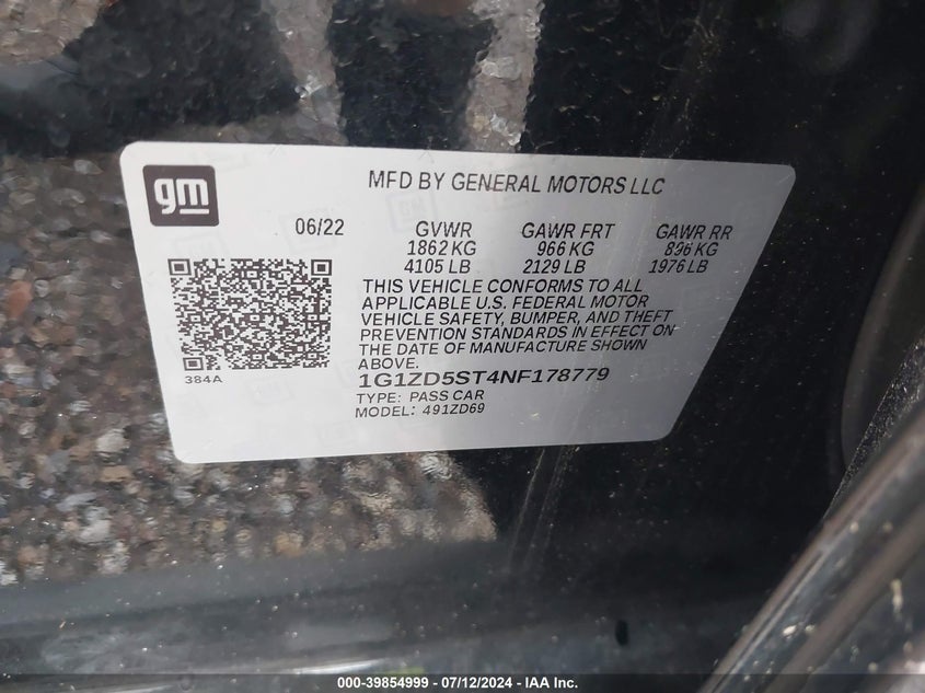 2022 Chevrolet Malibu Fwd Lt VIN: 1G1ZD5ST4NF178779 Lot: 39854999