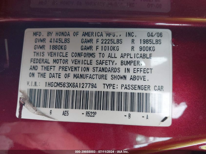 2006 Honda Accord 2.4 Se VIN: 1HGCM563X6A127794 Lot: 39855003