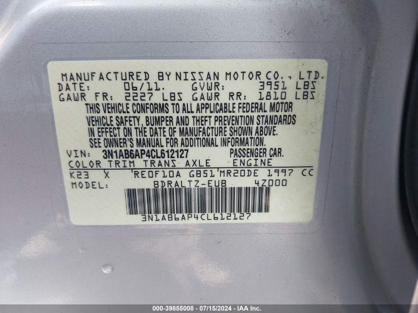 2012 Nissan Sentra 2.0 Sr VIN: 3N1AB6AP4CL612127 Lot: 39855008