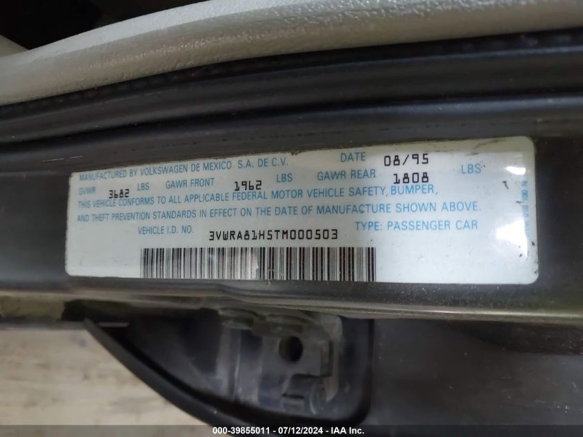 1996 Volkswagen Jetta Gl VIN: 3VWRA81H5TM000503 Lot: 39855011