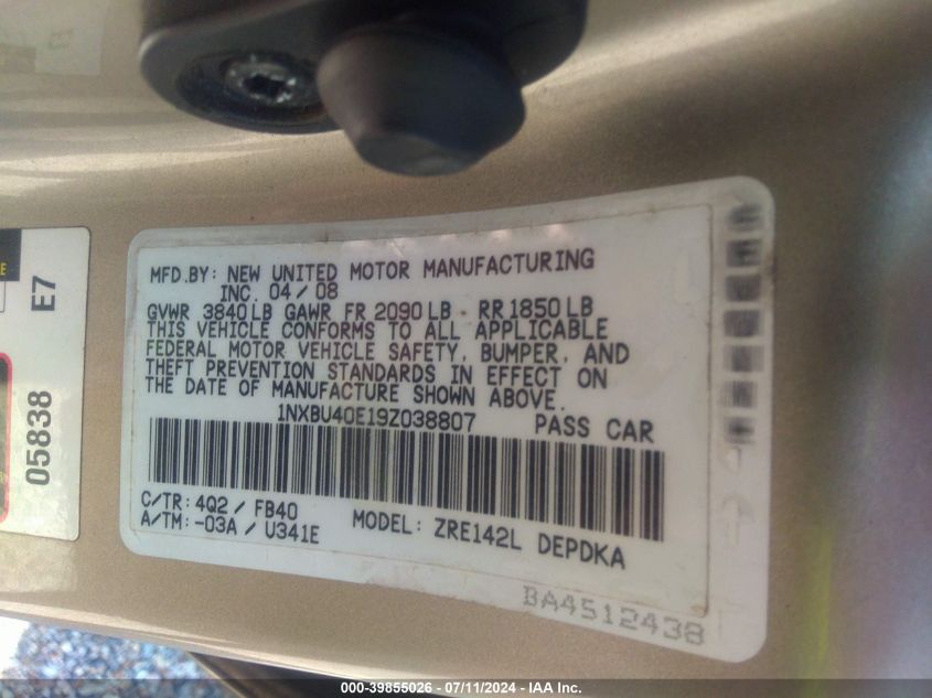 2009 Toyota Corolla VIN: 1NXBU40E19Z038807 Lot: 39855026