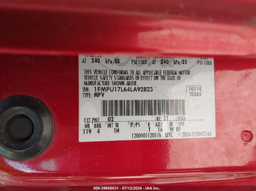 2004 Ford Expedition Eddie Bauer VIN: 1FMPU17L64LA92823 Lot: 39855031