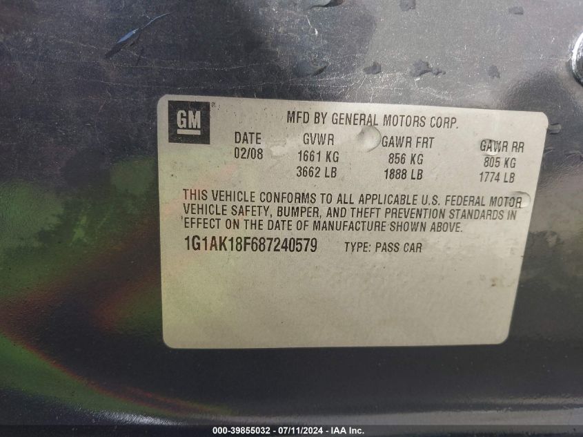 2008 Chevrolet Cobalt Ls VIN: 1G1AK18F687240579 Lot: 39855032