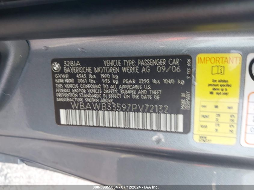 2007 BMW 328I VIN: WBAWB33597PV72132 Lot: 39855034