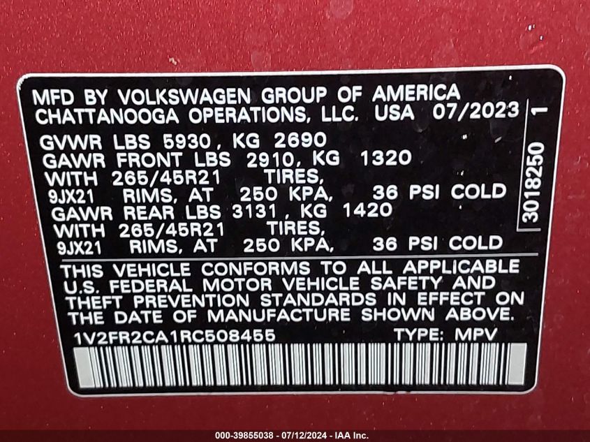 2024 Volkswagen Atlas 2.0T Sel Premium R-Line VIN: 1V2FR2CA1RC508455 Lot: 39855038