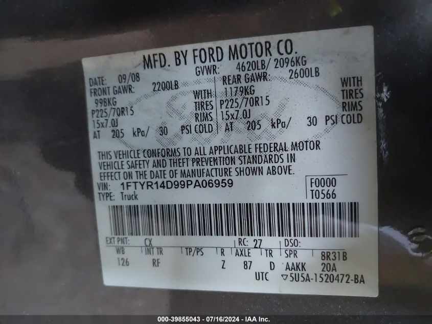 2009 Ford Ranger Xl/Xlt VIN: 1FTYR14D99PA06959 Lot: 39855043