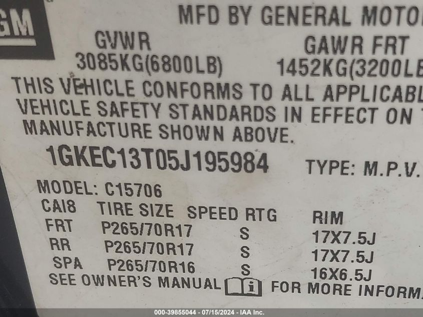 2005 GMC Yukon Slt VIN: 1GKEC13T05J195984 Lot: 39855044