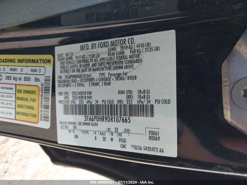 2013 Ford Fusion Se VIN: 3FA6P0HR9DR107665 Lot: 39855057