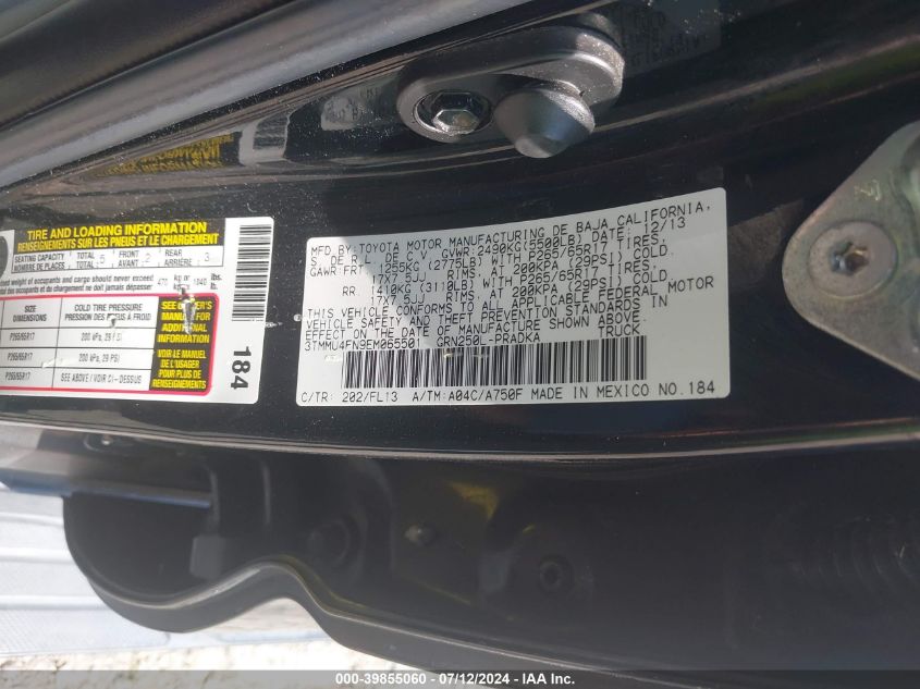 2014 Toyota Tacoma Base V6 VIN: 3TMMU4FN9EM065501 Lot: 39855060