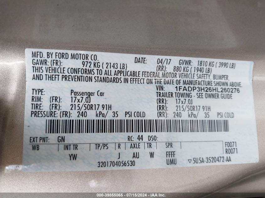 VIN 1FADP3H26HL260276 2017 FORD FOCUS SEL