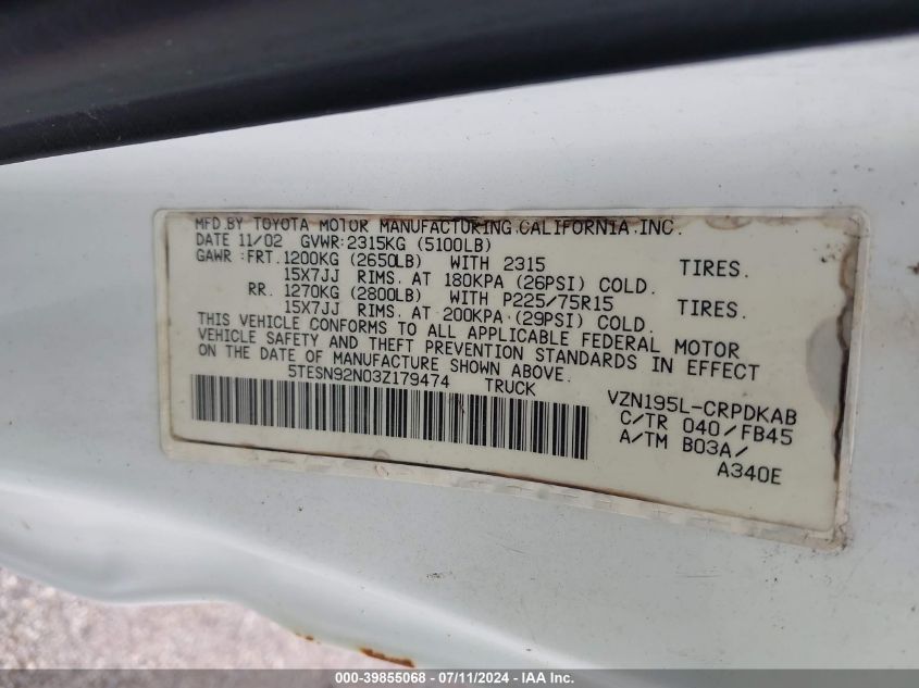 2003 Toyota Tacoma Prerunner V6 VIN: 5TESN92N03Z179474 Lot: 39855068