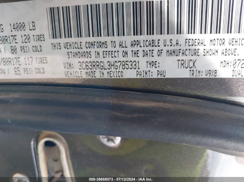 2017 Ram 3500 Tradesman 4X4 8' Box VIN: 3C63RRGL3HG785331 Lot: 39855073