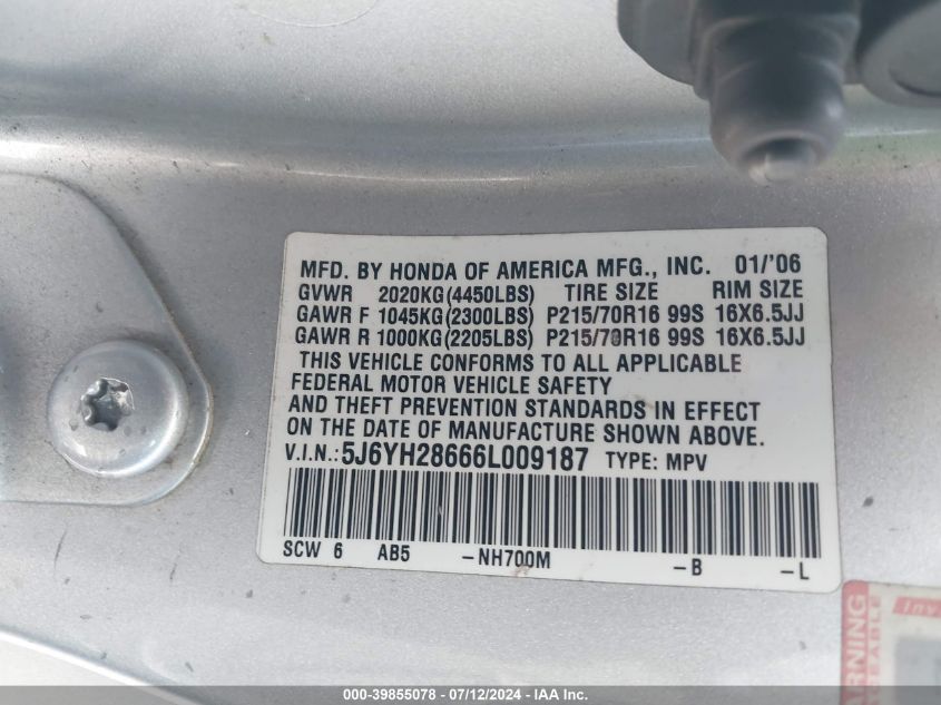 2006 Honda Element Ex VIN: 5J6YH28666L009187 Lot: 39855078