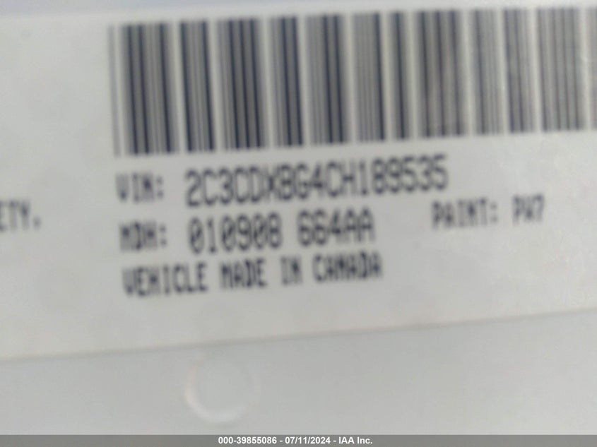 2012 Dodge Charger Se VIN: 2C3CDXBG4CH189535 Lot: 39855086