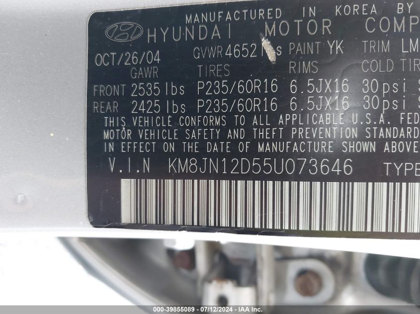 2005 Hyundai Tucson Gls/Lx VIN: KM8JN12D55U073646 Lot: 39855089