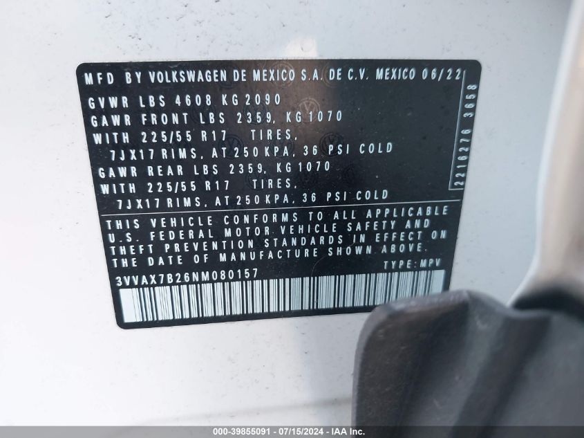 3VVAX7B26NM080157 2022 Volkswagen Taos 1.5T S