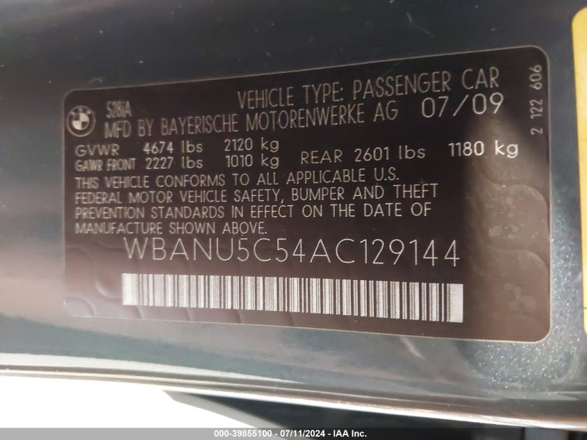 2010 BMW 528I VIN: WBANU5C54AC129144 Lot: 39855100