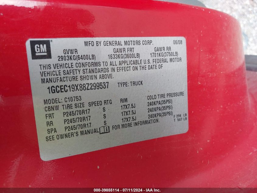 2008 Chevrolet Silverado 1500 Work Truck VIN: 1GCEC19X88Z299537 Lot: 39855114