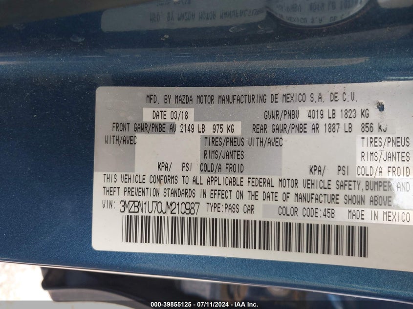 2018 MAZDA MAZDA3 SPORT - 3MZBN1U70JM210987