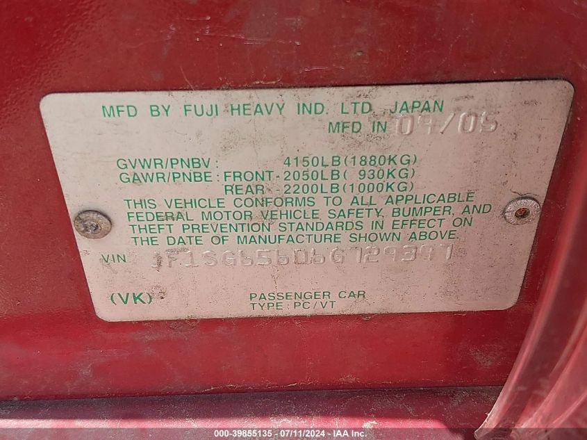 2006 Subaru Forester 2.5X VIN: JF1SG65606G729397 Lot: 39855135