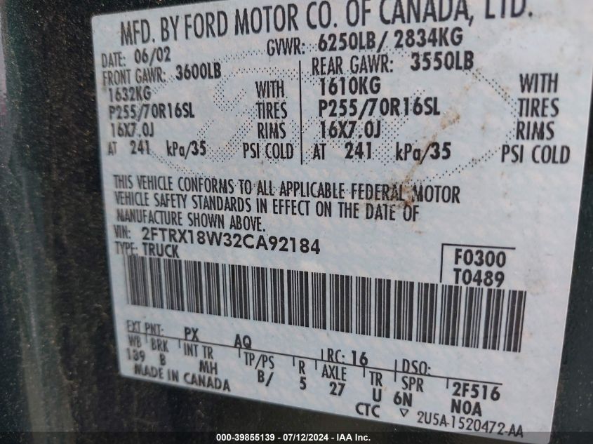 2002 Ford F-150 Lariat/Xl/Xlt VIN: 2FTRX18W32CA92184 Lot: 39855139