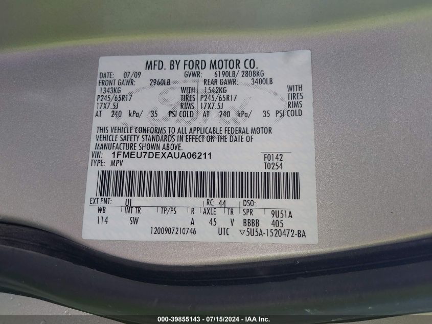 2010 Ford Explorer Xlt VIN: 1FMEU7DEXAUA06211 Lot: 39855143