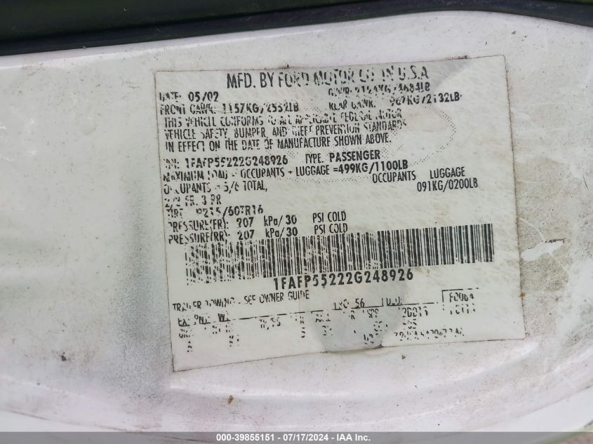 2002 Ford Taurus Ses VIN: 1FAFP55272G259386 Lot: 39855151