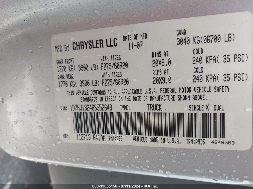 2008 Dodge Ram 1500 Slt VIN: 1D7HU18248S552643 Lot: 39855156