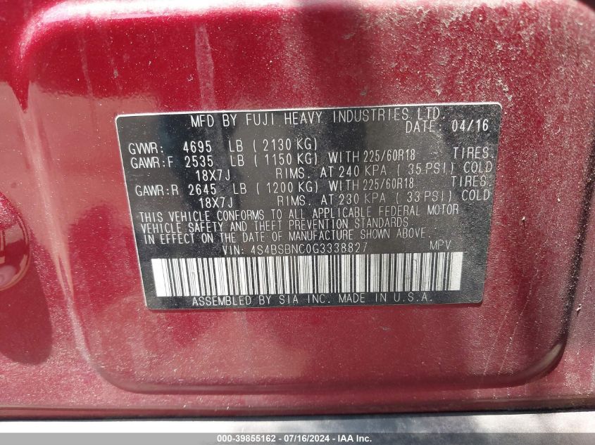 2016 Subaru Outback 2.5I Limited VIN: 4S4BSBNC0G3338827 Lot: 39855162