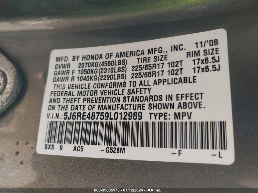 2009 Honda Cr-V Exl VIN: 5J6RE48759L012989 Lot: 39855173