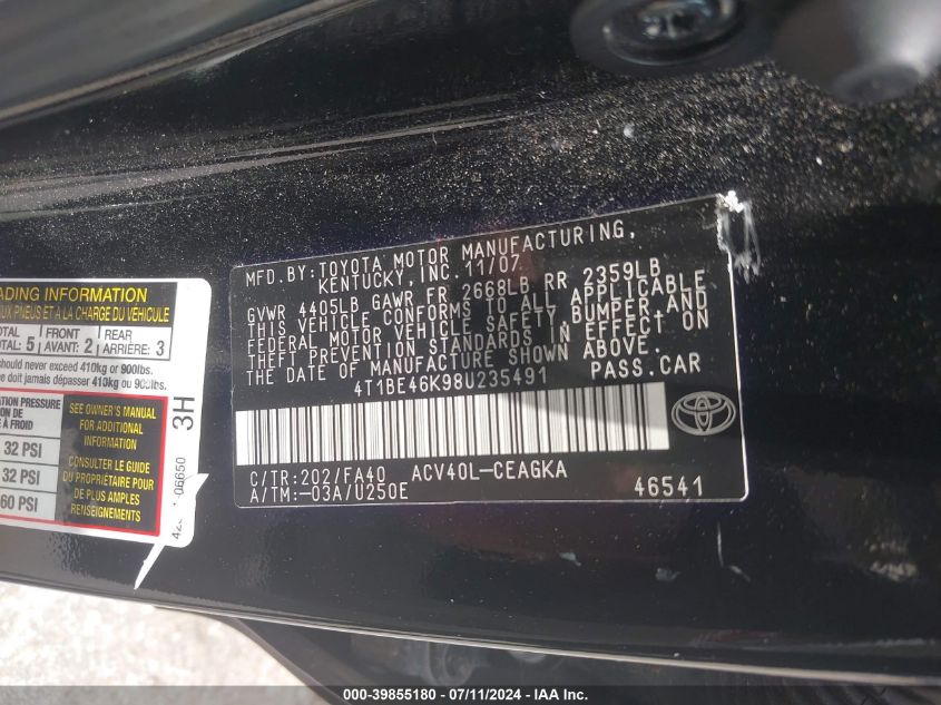 2008 Toyota Camry Xle VIN: 4T1BE46K98U235491 Lot: 39855180