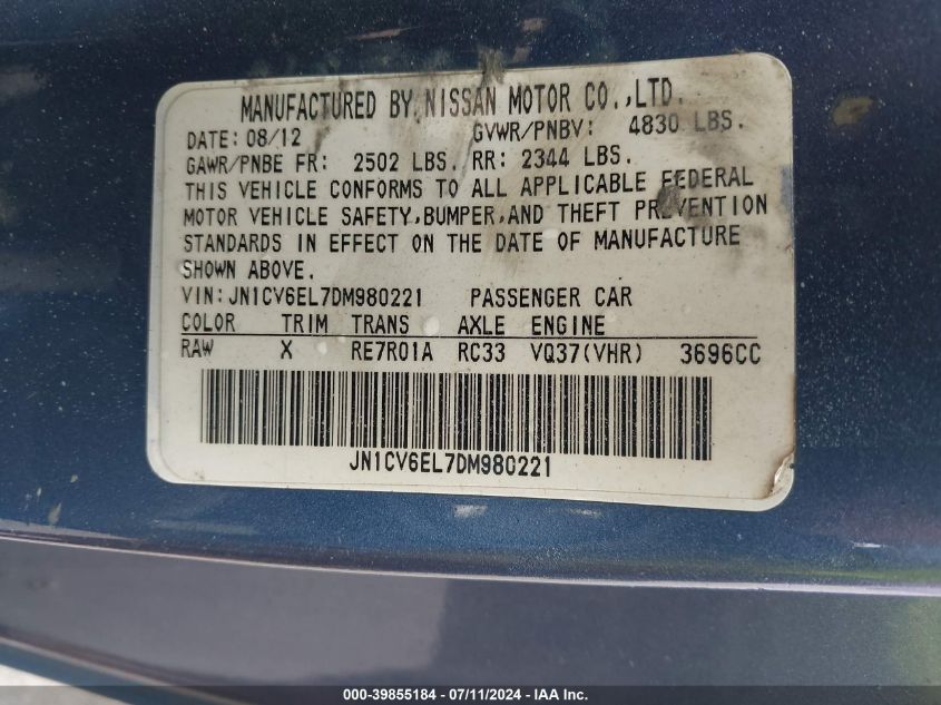 2013 Infiniti G37X VIN: JN1CV6EL7DM980221 Lot: 39855184