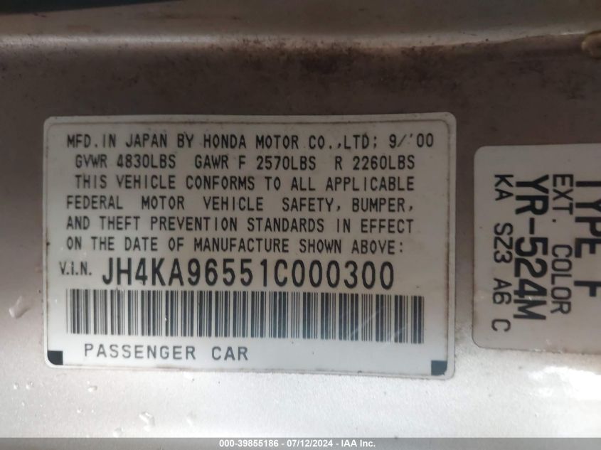 2001 Acura 3.5Rl VIN: JH4KA96551C000300 Lot: 39855186