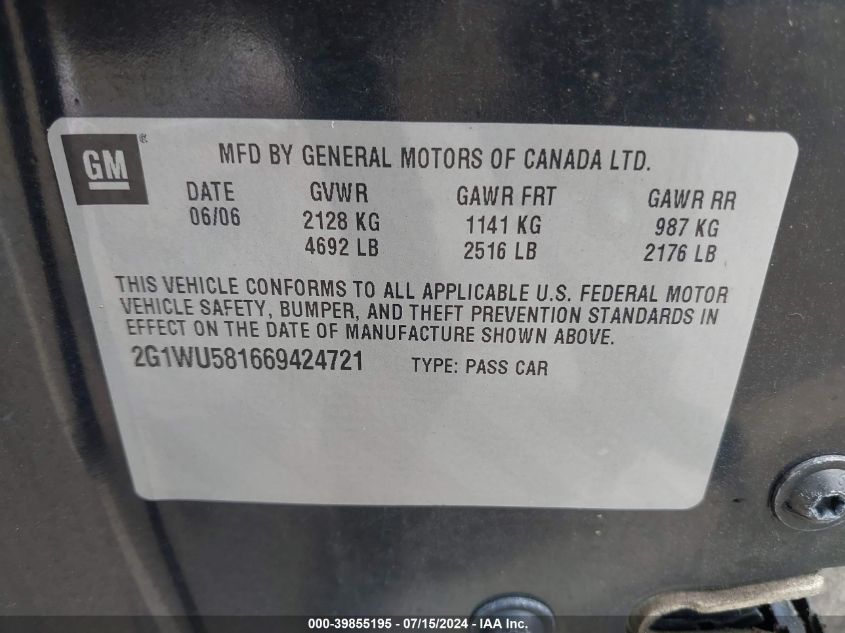 2006 Chevrolet Impala Ltz VIN: 2G1WU581669424721 Lot: 39855195