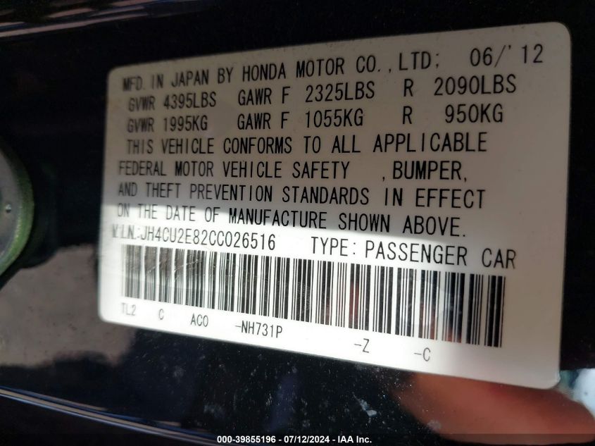 2012 Acura Tsx 2.4 VIN: JH4CU2E82CC026516 Lot: 39855196