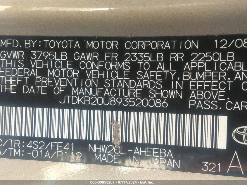 2009 Toyota Prius VIN: JTDKB20U893520086 Lot: 39855207