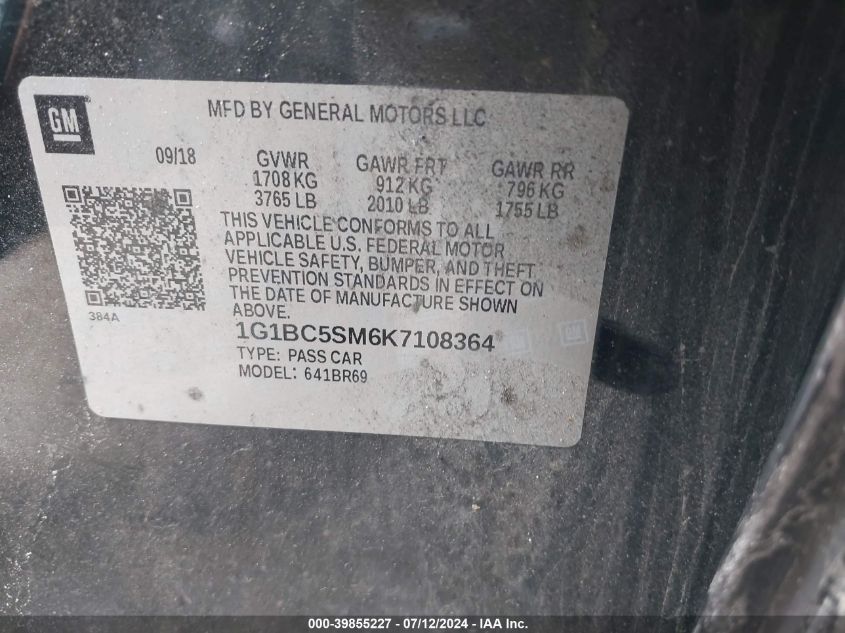 2019 Chevrolet Cruze Ls VIN: 1G1BC5SM6K7108364 Lot: 39855227