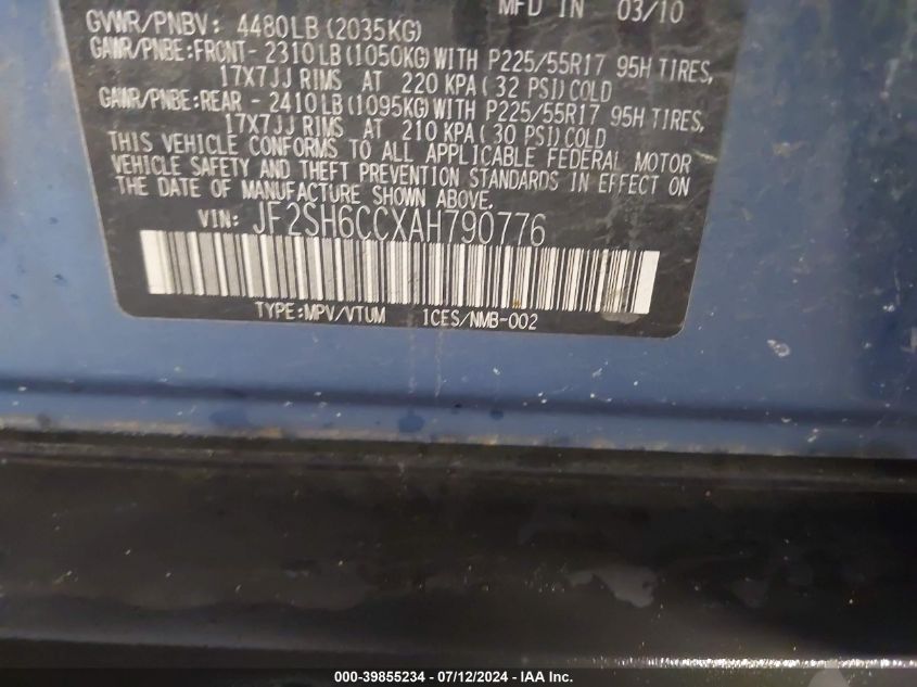 2010 Subaru Forester 2.5X Premium VIN: JF2SH6CCXAH790776 Lot: 39855234