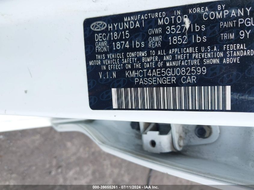 2016 Hyundai Accent Se VIN: KMHCT4AE5GU082599 Lot: 39855261