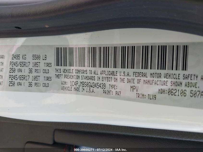 2016 Jeep Cherokee Trailhawk VIN: 1C4PJMBS0GW345439 Lot: 39855271